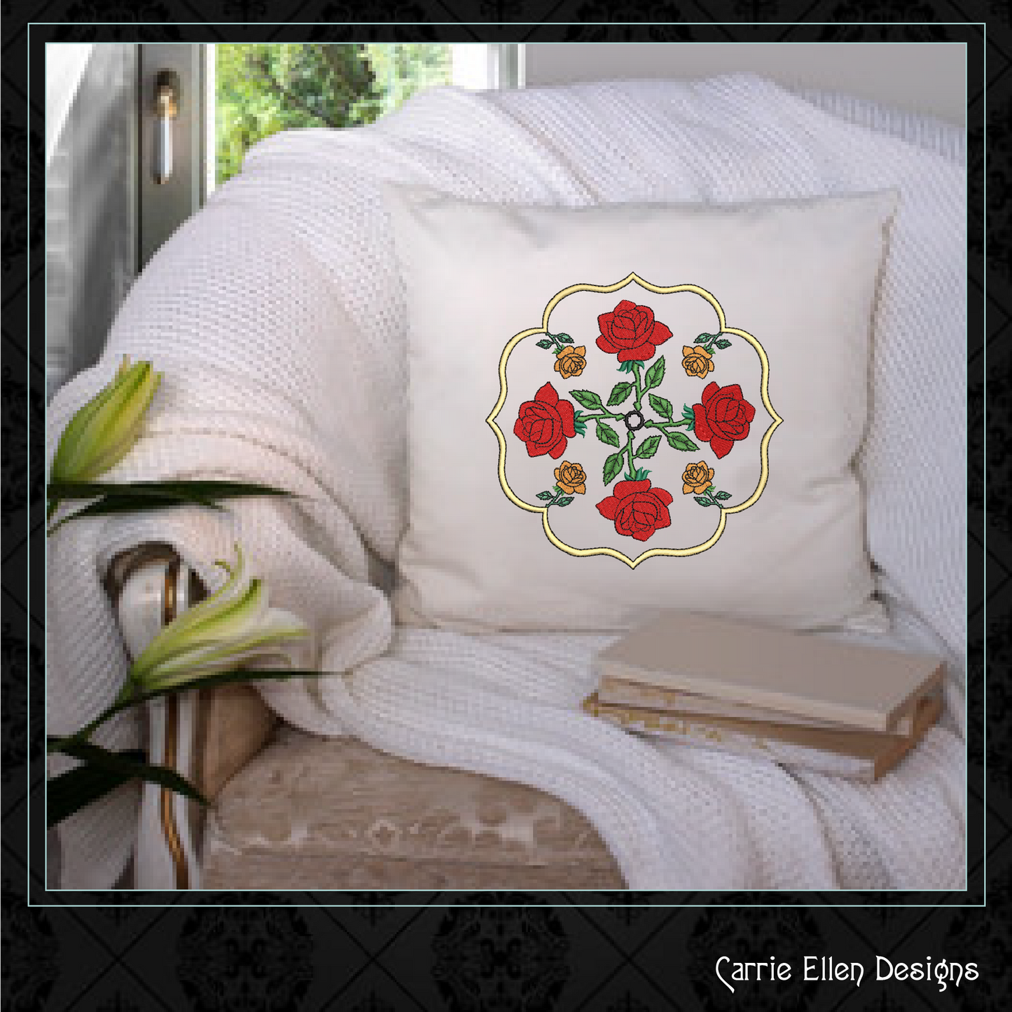 Floral Mandala Machine Embroidery Design | Roses Flower Mandala Line Art | Garden Embroidery Design (0687)