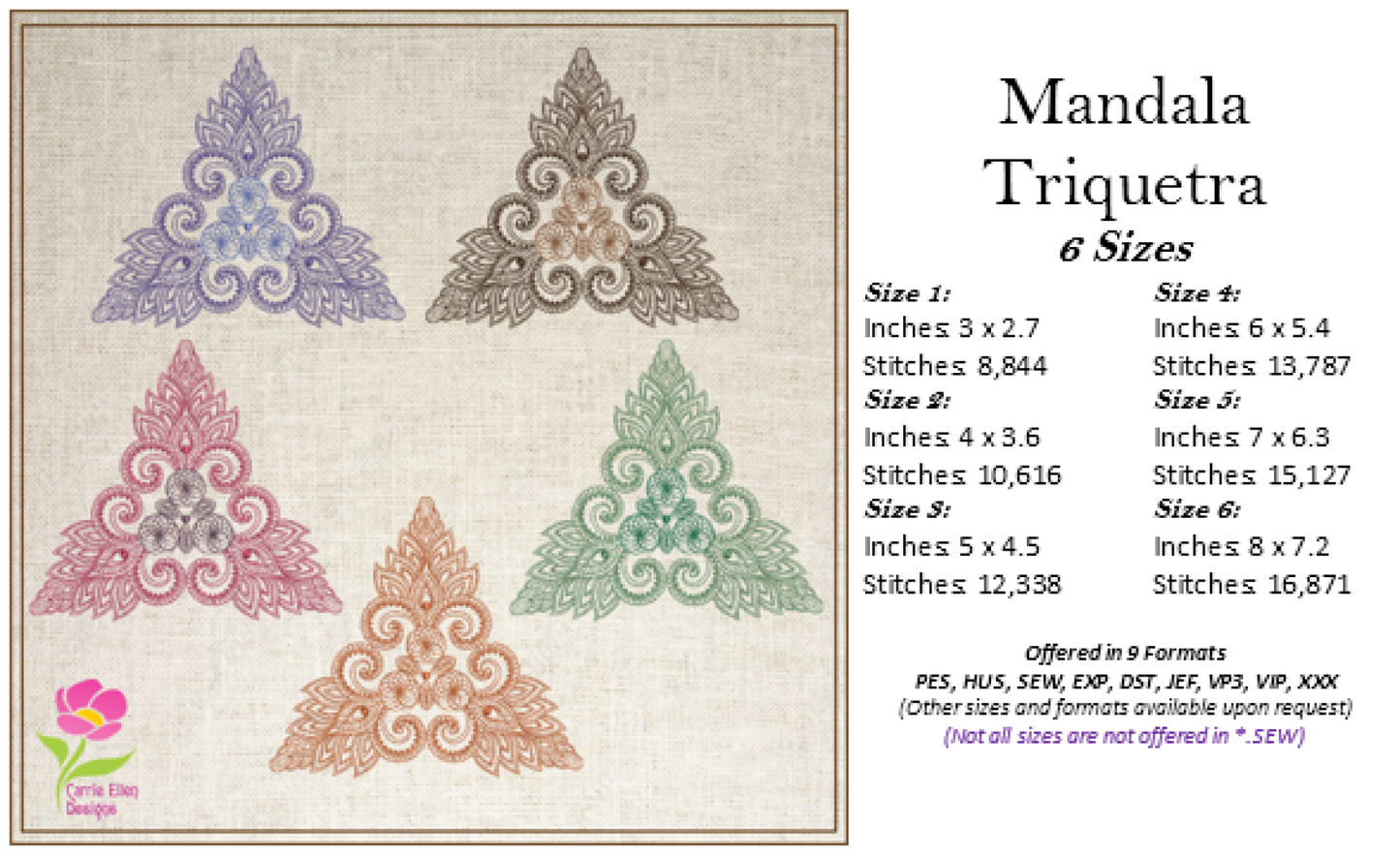 Mandala Triquetra Embroidery Design – Swirl Pattern Line Art – Spiritual Machine Embroidery File, 6 Sizes (0676)