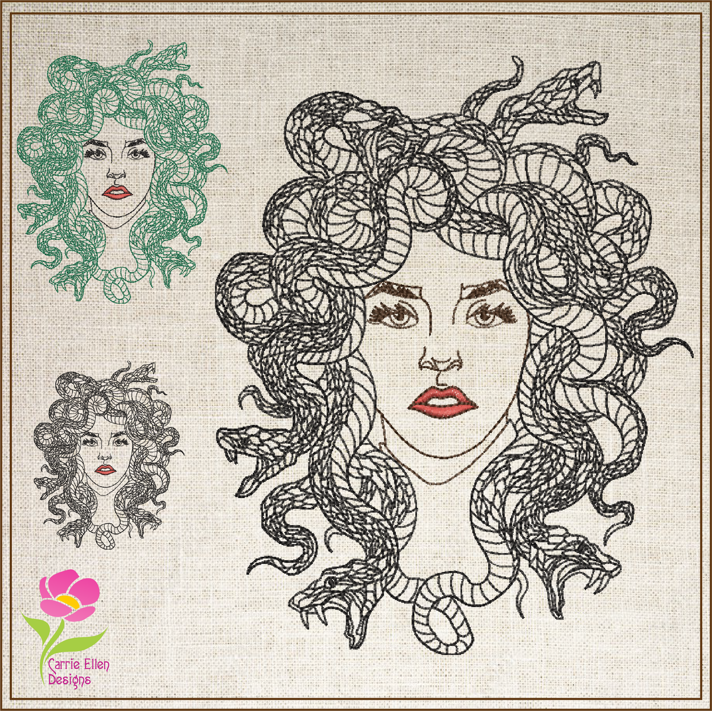 Medusa Snake Head Embroidery Design – Greek Mythology Line Art – Fantasy Serpent Lady Machine Embroidery File, 6 Sizes (0679)