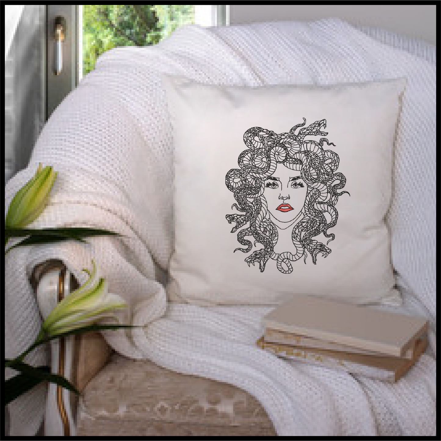 Medusa Snake Head Embroidery Design – Greek Mythology Line Art – Fantasy Serpent Lady Machine Embroidery File, 6 Sizes (0679)
