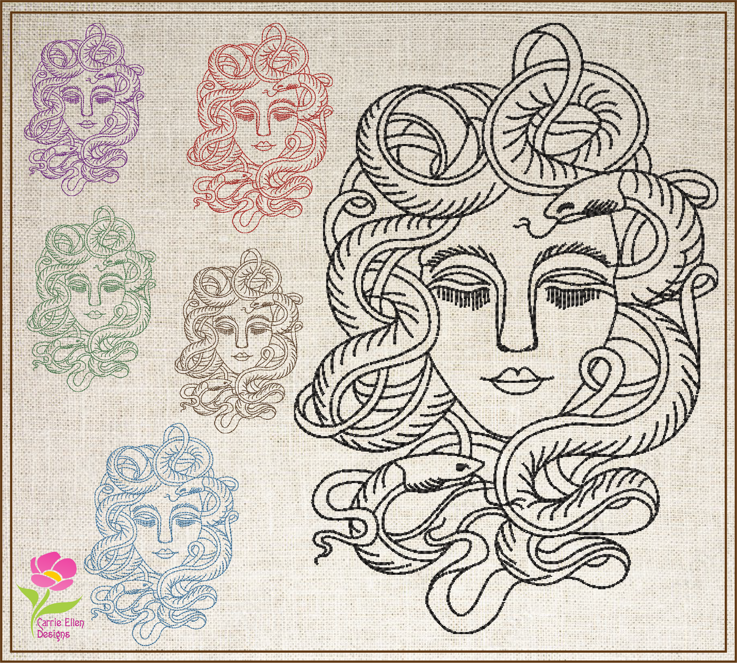 Medusa Head Machine Embroidery Design – Greek Mythology Line Art Serpent Lady Pattern, 6 Sizes (0526)