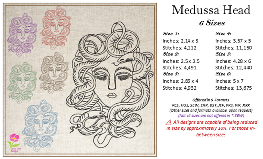 Medusa Head Machine Embroidery Design – Greek Mythology Line Art Serpent Lady Pattern, 6 Sizes (0526)