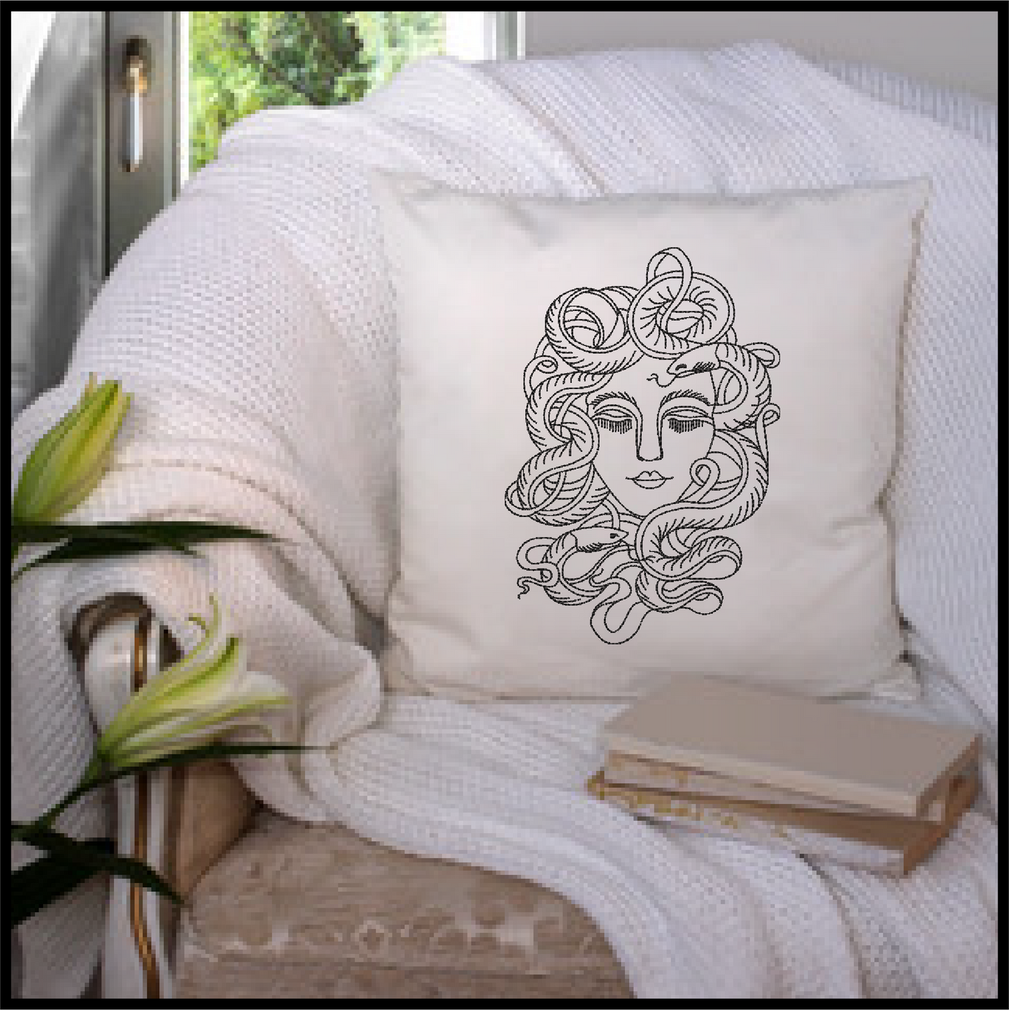 Medusa Head Machine Embroidery Design – Greek Mythology Line Art Serpent Lady Pattern, 6 Sizes (0526)