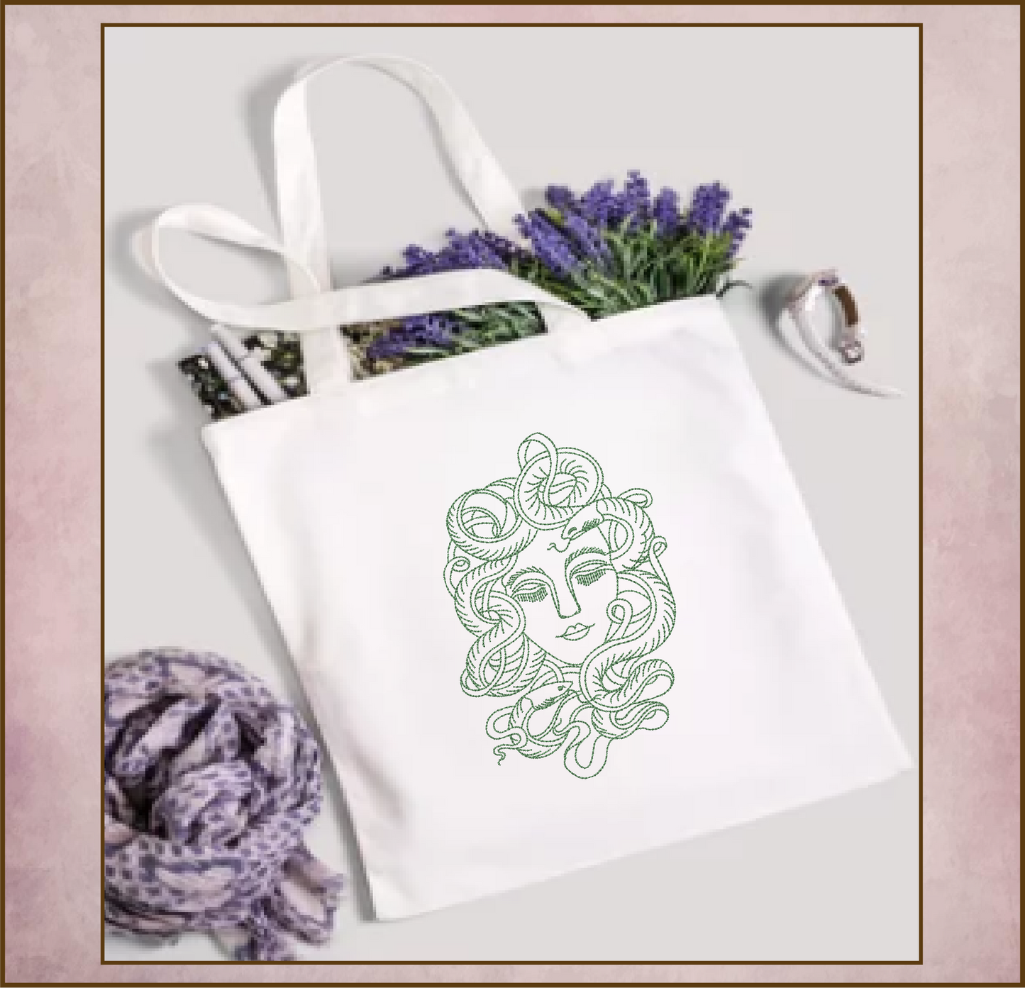 Medusa Head Machine Embroidery Design – Greek Mythology Line Art Serpent Lady Pattern, 6 Sizes (0526)