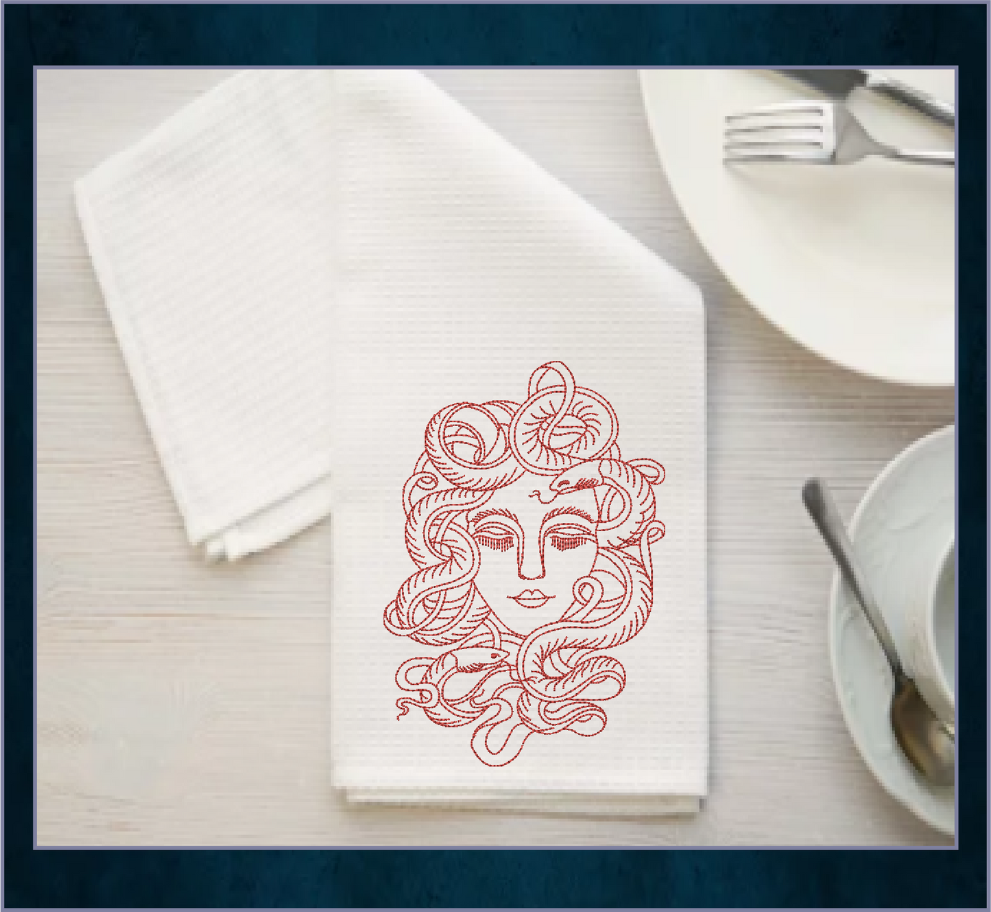 Medusa Head Machine Embroidery Design – Greek Mythology Line Art Serpent Lady Pattern, 6 Sizes (0526)