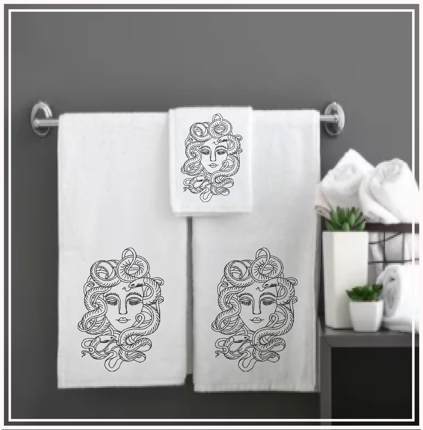 Medusa Head Machine Embroidery Design – Greek Mythology Line Art Serpent Lady Pattern, 6 Sizes (0526)