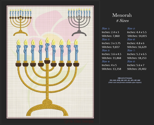 Menorah Machine Embroidery Design | Golden Menorah with Hanukkah Candles | Jewish Holiday Embroidery Pattern | 8 Sizes (0857)