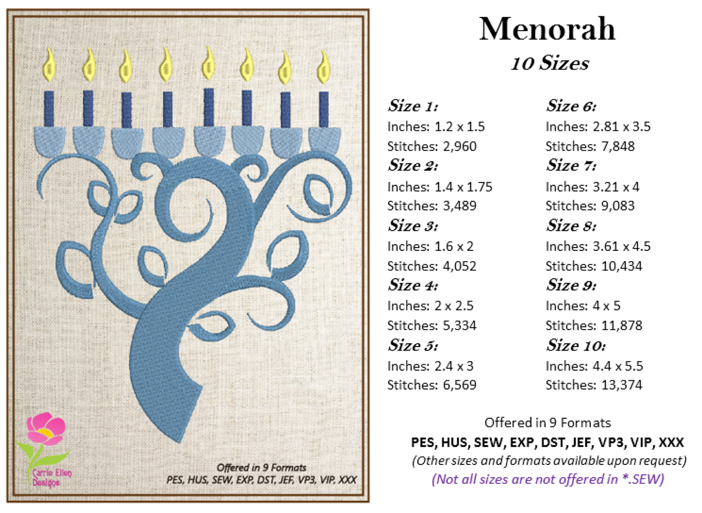 Chanukah Menorah Machine Embroidery Design – Star of David and Candle Embroidery – Jewish Holiday Design – 10 Sizes (0157)