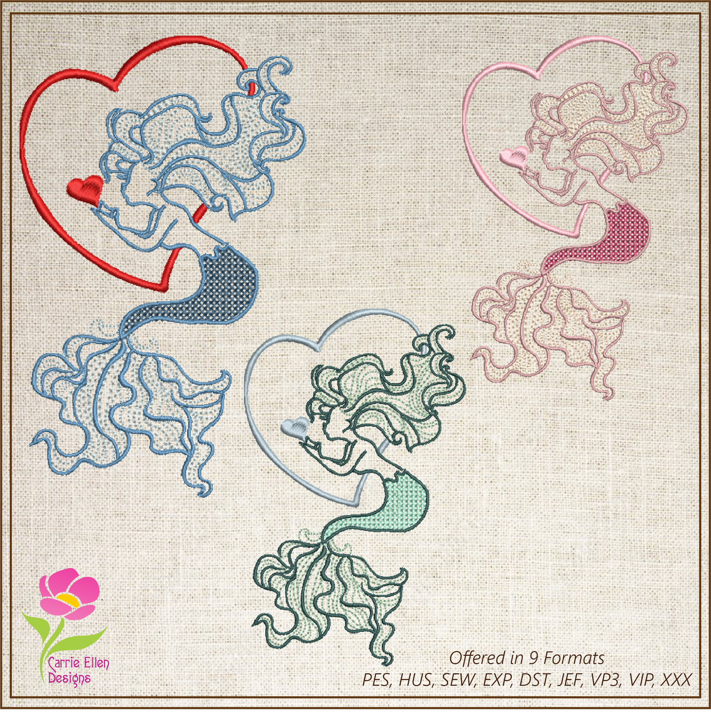 Mermaid Machine Embroidery Design, Mermaid in Love, Sea Life Marine Machine Embroidery Design, Coastal Beach, 6 Sizes (0268)