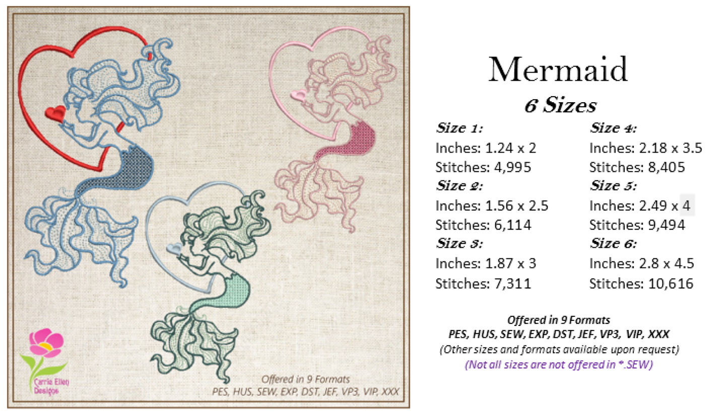Mermaid Machine Embroidery Design, Mermaid in Love, Sea Life Marine Machine Embroidery Design, Coastal Beach, 6 Sizes (0268)
