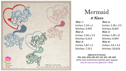 Mermaid Machine Embroidery Design, Mermaid in Love, Sea Life Marine Machine Embroidery Design, Coastal Beach, 6 Sizes (0268)