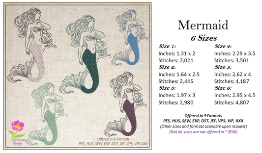 Mermaid Machine Embroidery Design, Sea Life Marine Machine Embroidery Design, Coastal Beach Fantasy, 6 Sizes (0267)
