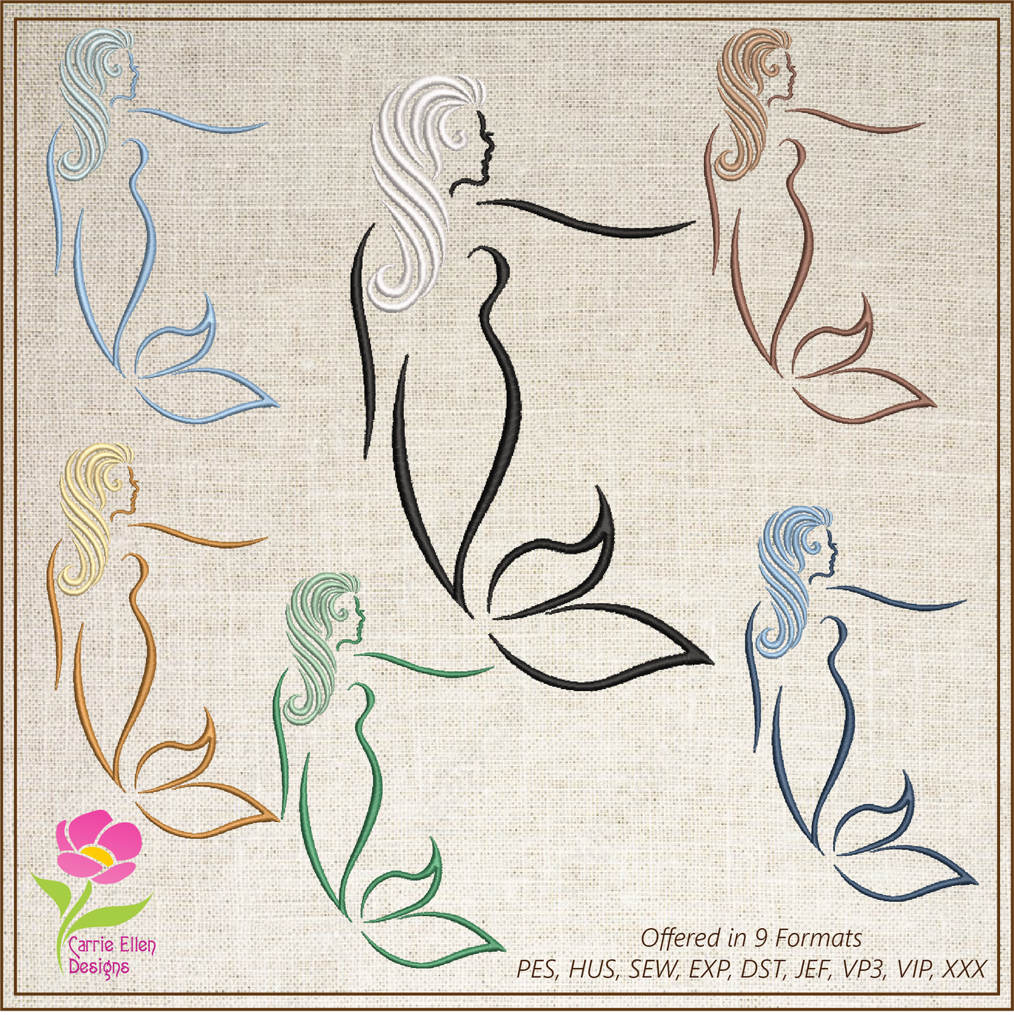 Mermaid Machine Embroidery Design, Artistic Mermaid Silhouette, Sea Life Marine Machine Embroidery Design, Coastal Beach, 6 Sizes (0269)