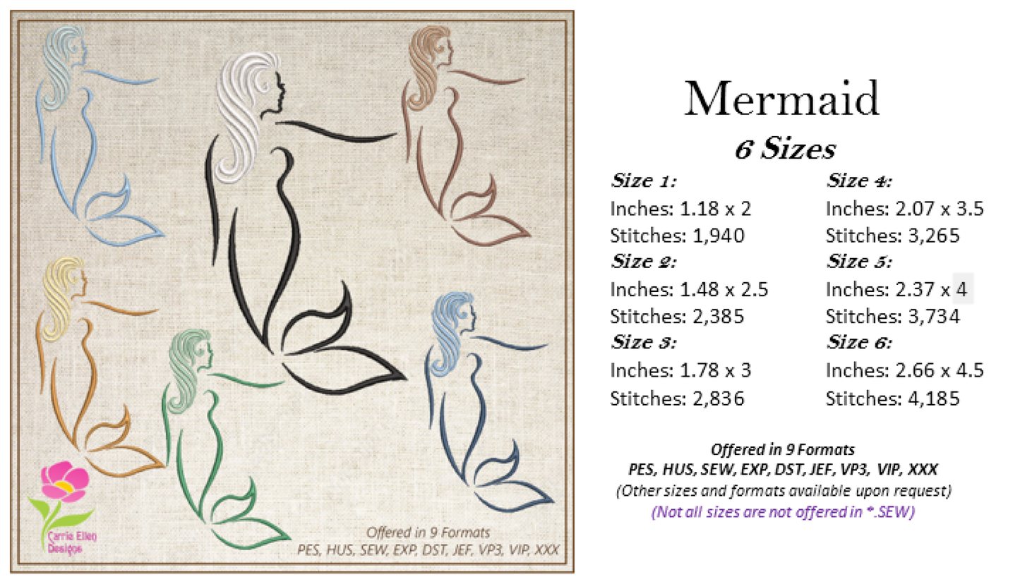 Mermaid Machine Embroidery Design, Artistic Mermaid Silhouette, Sea Life Marine Machine Embroidery Design, Coastal Beach, 6 Sizes (0269)