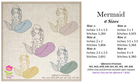 Mermaid Machine Embroidery Design, Artistic Mermaid Silhouette, Sea Life Marine Machine Embroidery Design, Coastal Beach, 6 Sizes (0270)