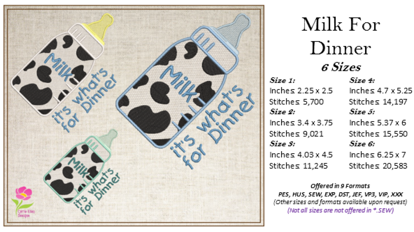 Baby Bottle Milk for Dinner Embroidery Design – Funny Baby Bottle Saying – Machine Embroidery File, 6 Sizes (0661)
