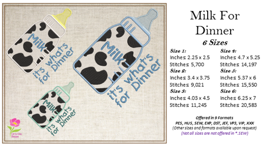 Baby Bottle Milk for Dinner Embroidery Design – Funny Baby Bottle Saying – Machine Embroidery File, 6 Sizes (0661)