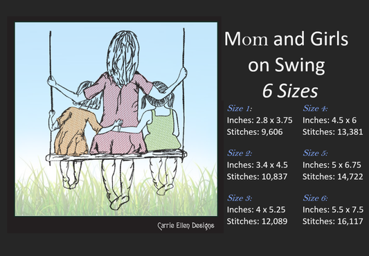 Mom and Daughters Machine Embroidery Design | Mother's Day Sketch Design | Woman and Girls on Swing | 6 Sizes (1371)