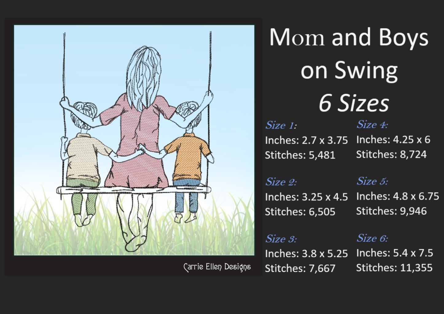 Mom and Sons Machine Embroidery Design | Mother's Day Sketch Design | Woman and Children on Swing | 6 Sizes (1370)