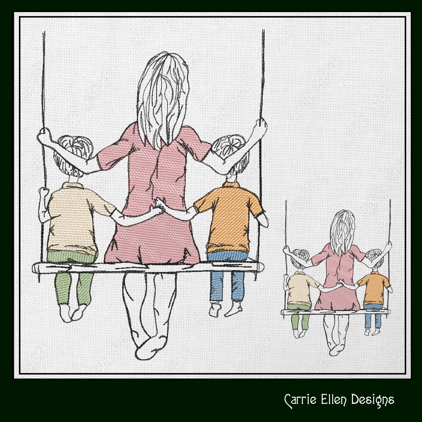 Mom and Sons Machine Embroidery Design | Mother's Day Sketch Design | Woman and Children on Swing | 6 Sizes (1370)