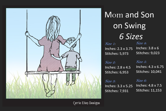 Mom and Son Machine Embroidery Design | Mother's Day Sketch Design | Woman and Boy on Swing | 6 Sizes (1373)