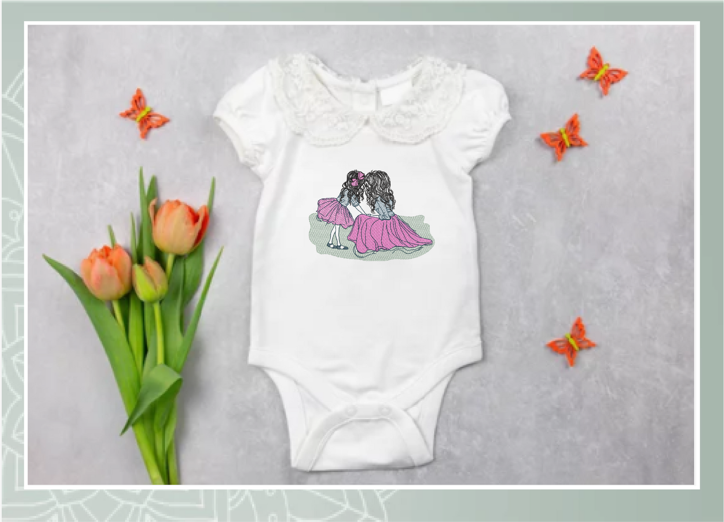 Mother and Daughter Machine Embroidery Design | Mother’s Day Design | Woman and Little Girl in Pink and Blue | 6 Sizes (0681)