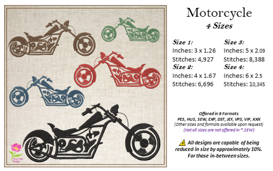 Motorcycle Machine Embroidery Design – Chopper Embroidery Pattern, Motorbike Rider Machine Embroidery, 4 Sizes (0509)