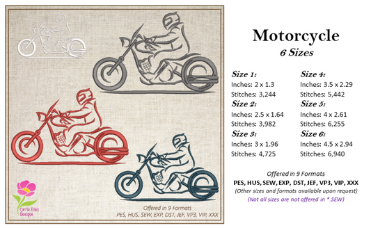 Motorcycle Machine Embroidery Design – Bike and Rider Embroidery File – Biker Silhouette Embroidery, 6 Sizes (0650)