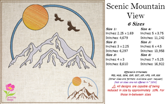 Mountain View Machine Embroidery Design | Sunrise & Sunset Landscape with Soaring Eagles | Scenic Nature Embroidery | 6 Sizes (0572)