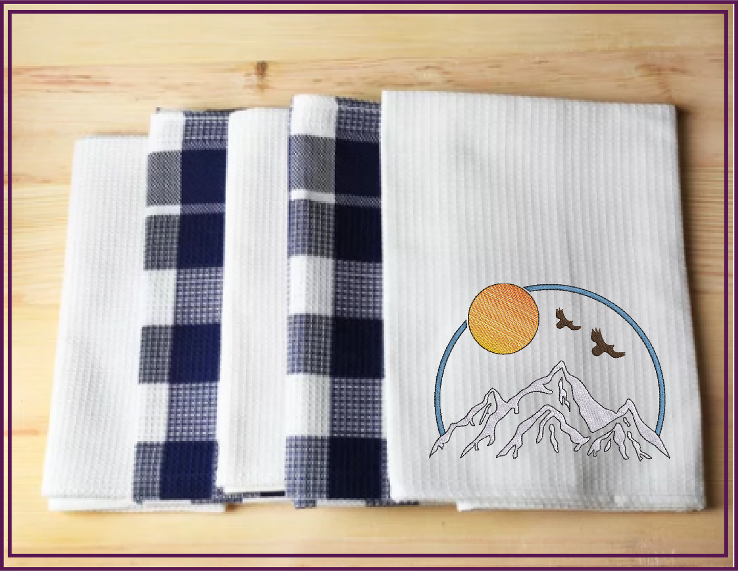Mountain View Machine Embroidery Design | Sunrise & Sunset Landscape with Soaring Eagles | Scenic Nature Embroidery | 6 Sizes (0572)