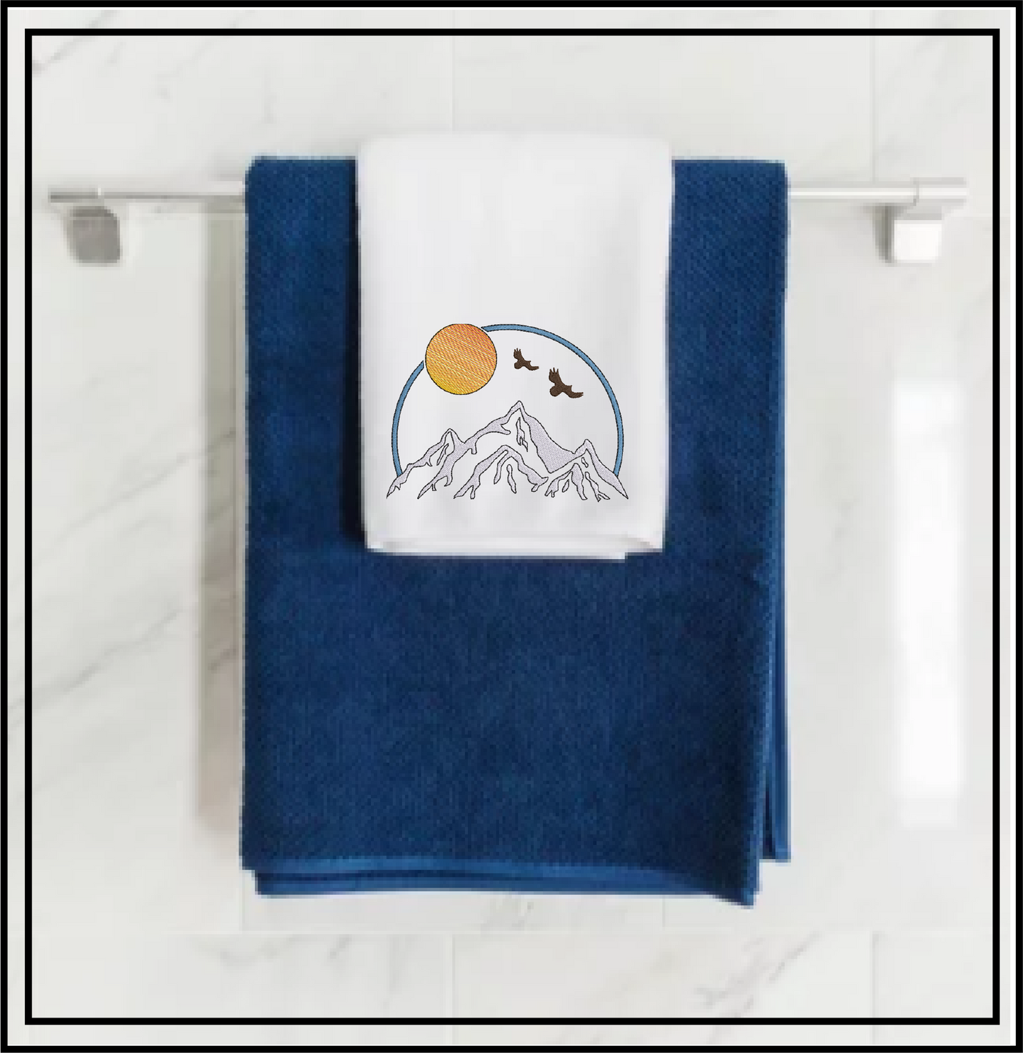 Mountain View Machine Embroidery Design | Sunrise & Sunset Landscape with Soaring Eagles | Scenic Nature Embroidery | 6 Sizes (0572)