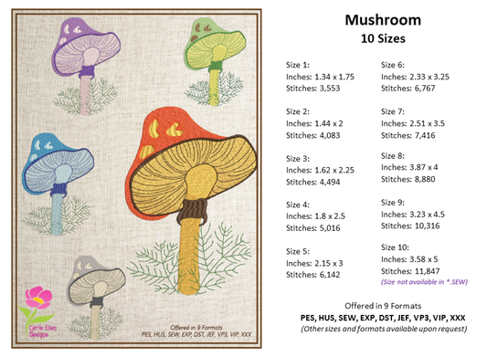 Mushroom Embroidery Design. Mushroom Machine Embroidery Pattern, Wild Mushroom Embroidery, 10 Sizes (0247)