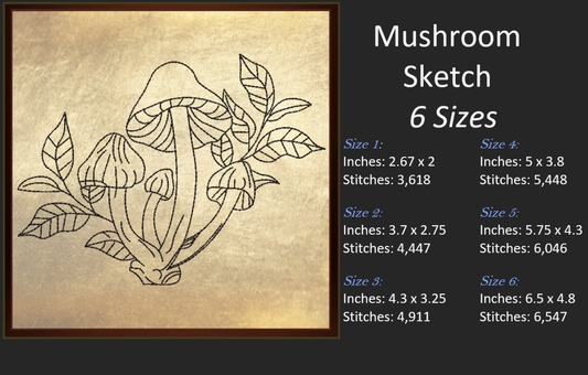 Mushroom Machine Embroidery Design Sketch, Wild Mushroom Line Art Outline, Mushroom Garden, 6 Sizes (0248)