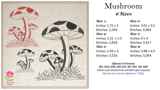 Mushroom Garden Machine Embroidery Design, Floral Mushroom Fungus Garden, 6 Sizes (0316)