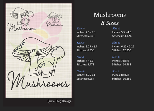 Mushroom Machine Embroidery Design File | Wild Mushroom Outline Pattern | Mushroom Garden Line Art | 8 Sizes (0953)