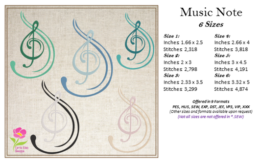Music Note Embroidery – Musical Chord, Treble Clef, Song Embroidery Design – 6 Sizes (0400)
