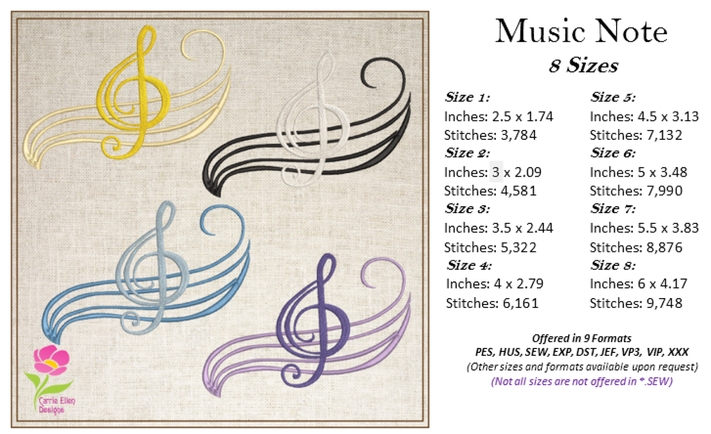 Musical Chord Machine Embroidery Design – Music Note Embroidery – Treble Clef Embroidery – Song Embroidery – 8 Sizes (0397)
