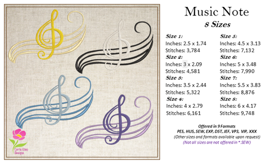 Musical Chord Machine Embroidery Design – Music Note Embroidery – Treble Clef Embroidery – Song Embroidery – 8 Sizes (0397)