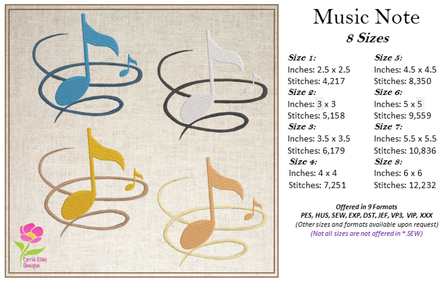 Musical Chord Machine Embroidery Design – Music Note, Treble Clef & Song Embroidery – 8 Sizes (0398)
