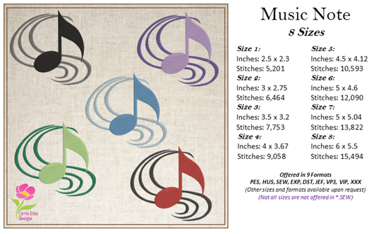 Music Note Embroidery – Musical Chord, Treble Clef, Song Embroidery Design – 6 Sizes (0401)