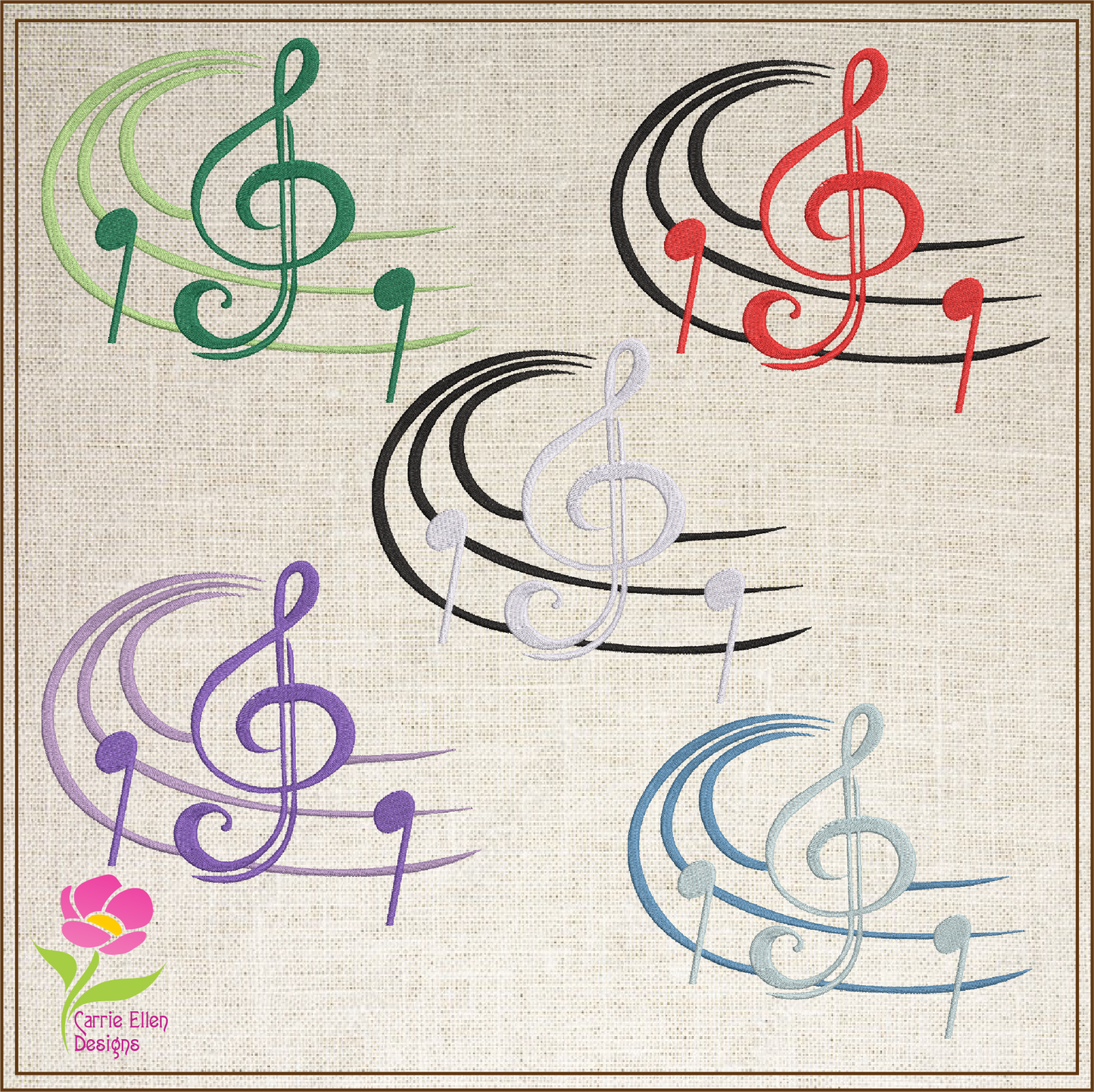 Music Notes Machine Embroidery Design – Treble Clef, Notes, and Musical Symbols – 8 Sizes (0403)