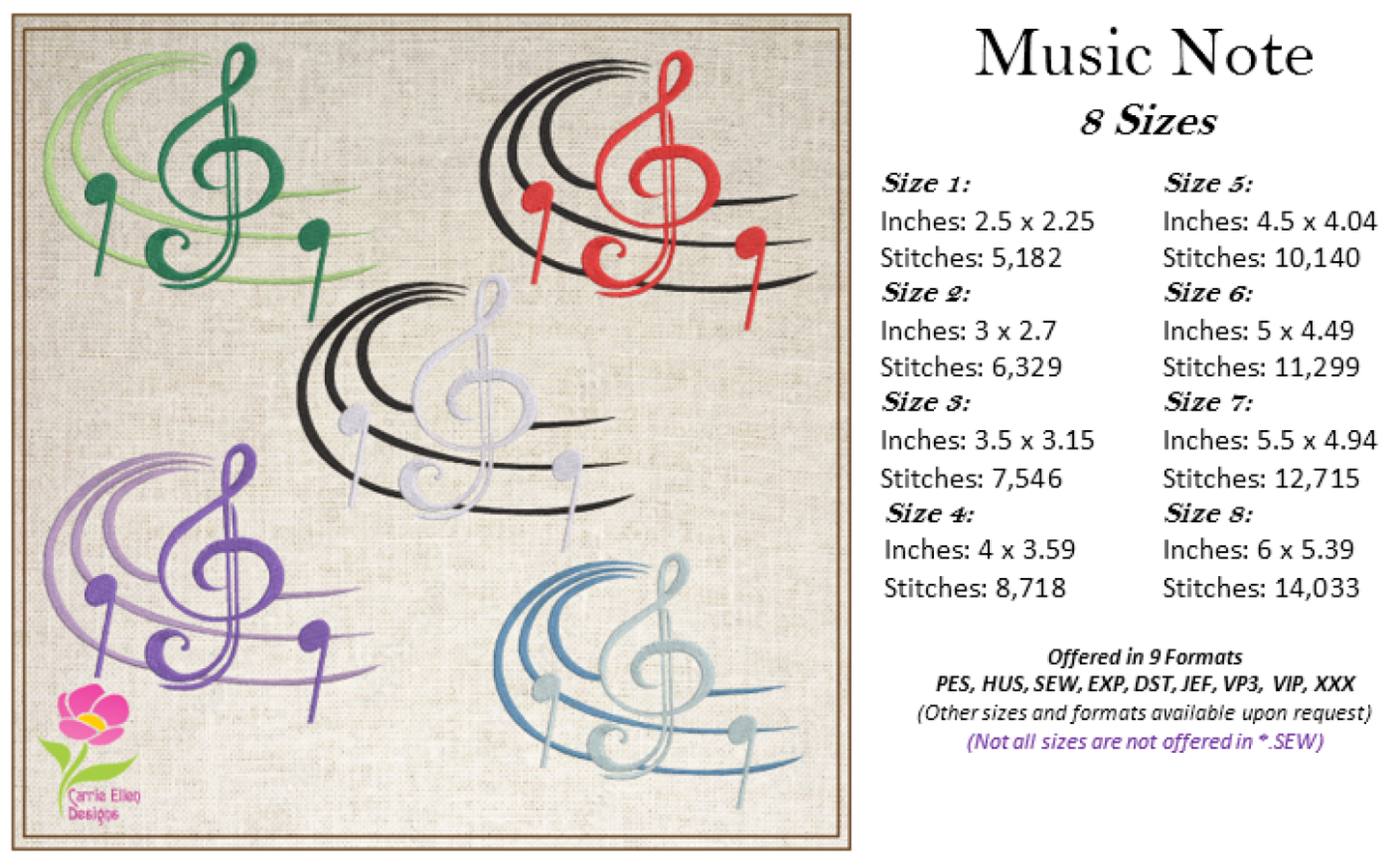 Music Notes Machine Embroidery Design – Treble Clef, Notes, and Musical Symbols – 8 Sizes (0403)