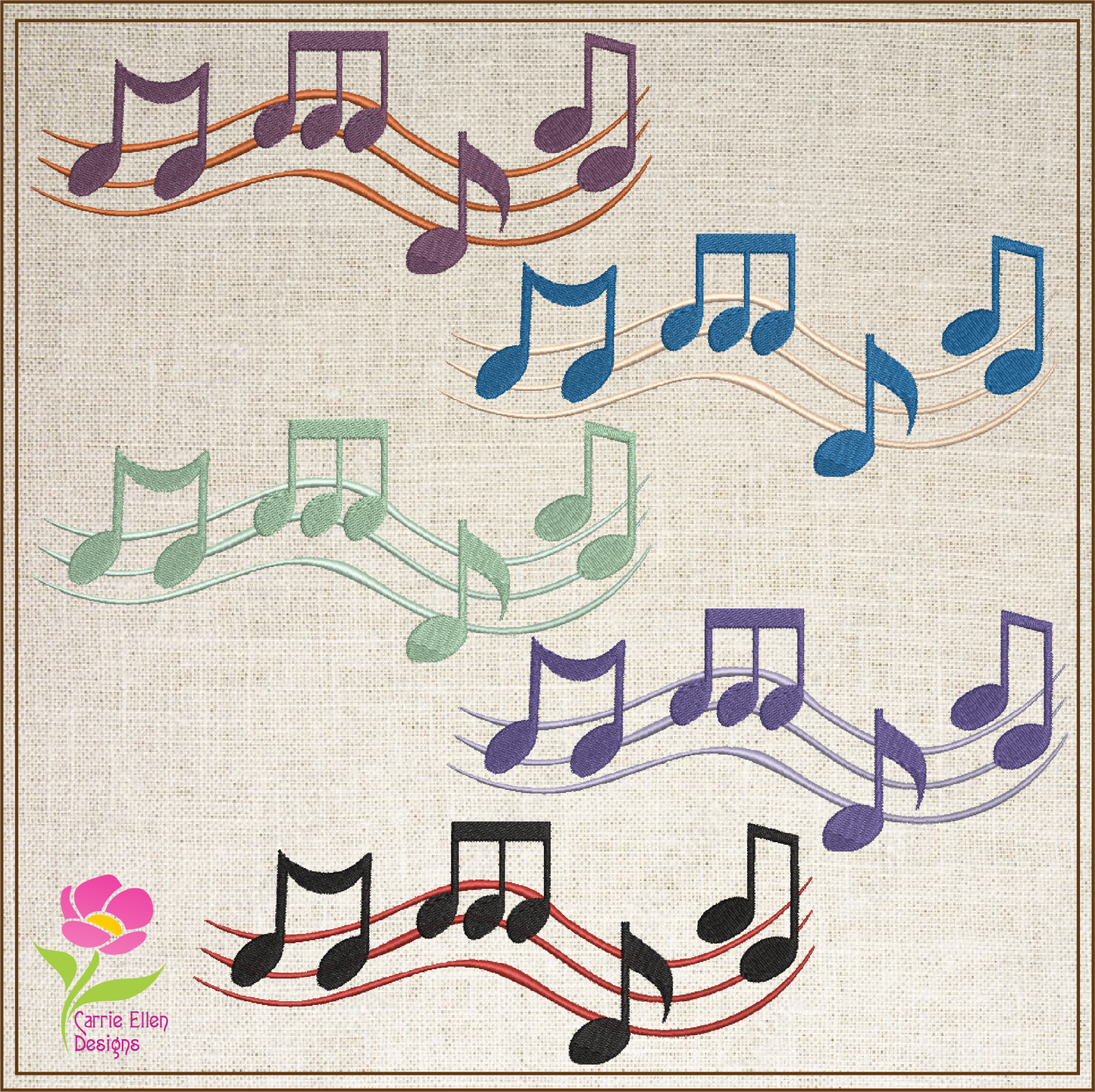 Music Notes Machine Embroidery Design – Treble Clef, Notes, and Musical Symbols – 8 Sizes (0404)