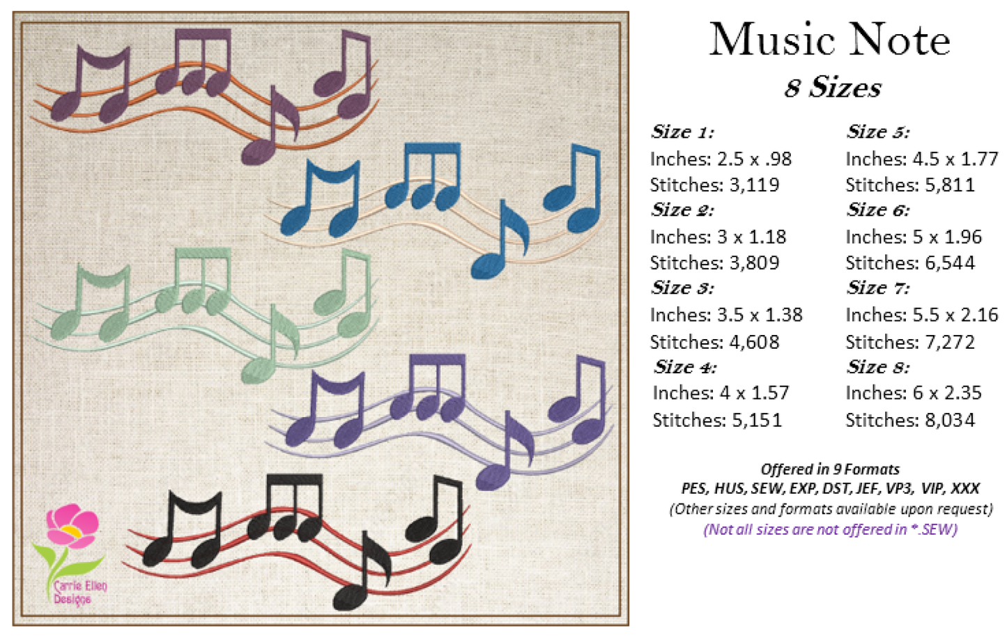 Music Notes Machine Embroidery Design – Treble Clef, Notes, and Musical Symbols – 8 Sizes (0404)