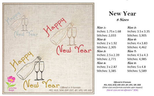Happy New Year Machine Embroidery Design – Champagne Celebration Pattern – 6 Sizes (0244)