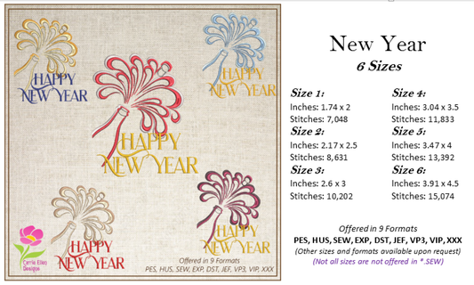 Happy New Year Machine Embroidery Design – Champagne Celebration Embroidery – 6 Sizes (0266)