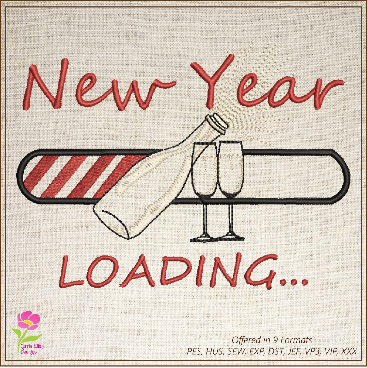 New Year Loading Bar Machine Embroidery Design – Champagne Glass New Year Celebration – 6 Sizes (0252)
