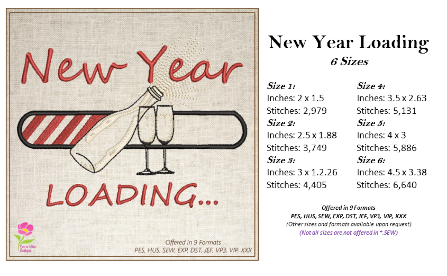 New Year Loading Bar Machine Embroidery Design – Champagne Glass New Year Celebration – 6 Sizes (0252)
