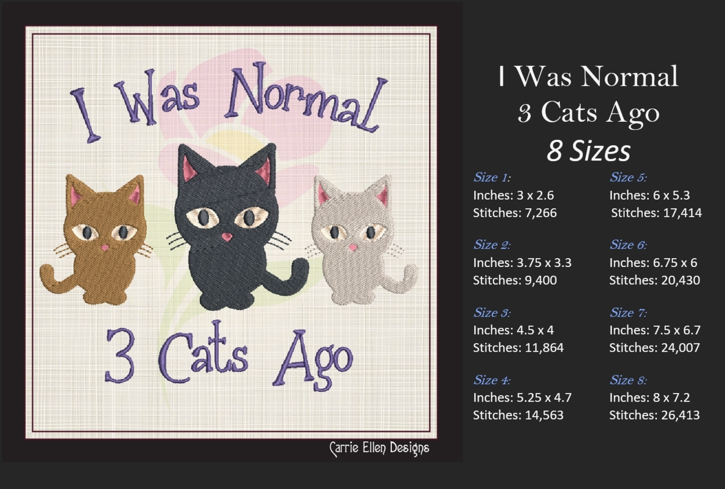 I Was Normal 3 Cats Ago Cat Embroidery Design – Funny Cartoon Saying for Cat Lovers, 8 Sizes (1078)
