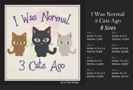 I Was Normal 3 Cats Ago Cat Embroidery Design – Funny Cartoon Saying for Cat Lovers, 8 Sizes (1078)